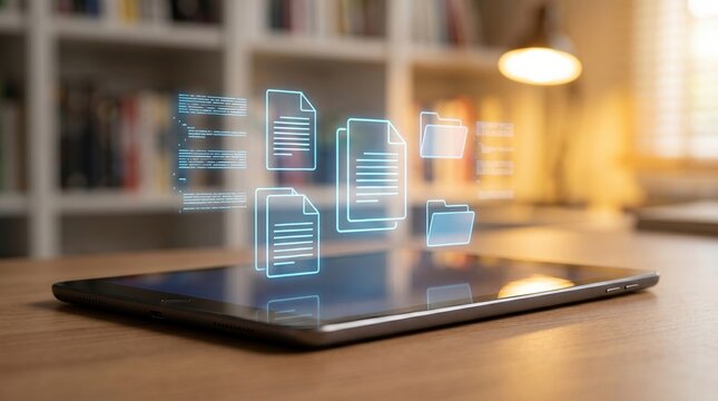 Digital document management on a tablet device with holographic icons displaying files and folders