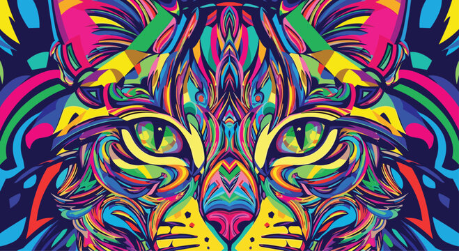 Vibrant psychedelic close up of a cat's face designed with a kaleidoscope of bright colors and intricate geometric patterns.