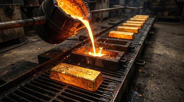 Molten gold being poured into metal molds to form shiny bars in a foundry factory setting