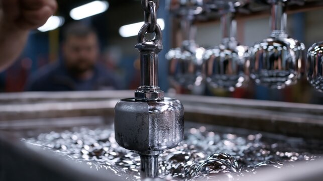 A factory worker lowering a steel dumbbell into a chrome electroplating bath with gleaming chrome finished dumbbells on a rack beside it.