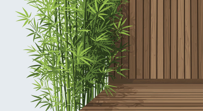 Lush green bamboo stalks provide a natural and peaceful background next to a contemporary wooden deck and vertical slatted wall feature.