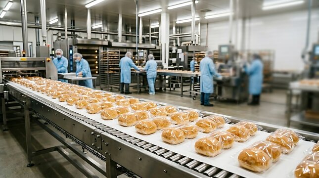 Industrial bakery production line with workers in blue uniforms packaging bread rolls on a conveyor belt
