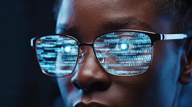 Close up of a person wearing glasses reflecting blue digital binary code technology screen