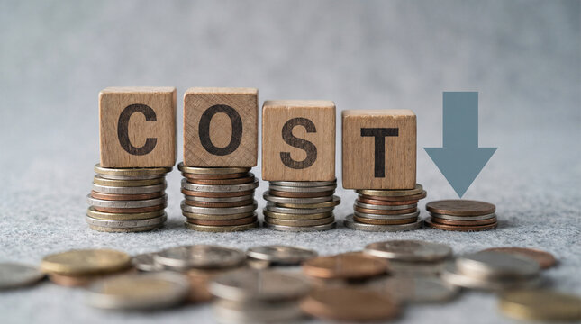 Cost reduction concept with wooden letter blocks on stacked coins and downward blue arrow for budget management and financial expense control