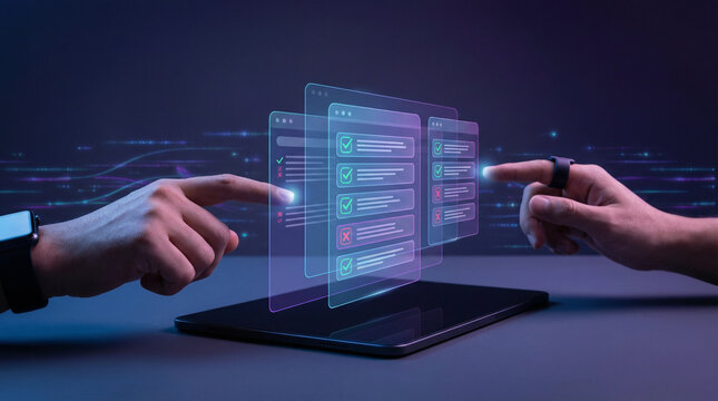 Interactive holographic checklist interface with approval forms accessed by two professionals for collaborative task review and workflow management