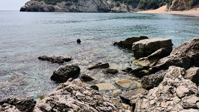 Montenegro coastline near Canj and Kraljichna beaches with rocky Adriatic shoreline