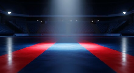 Naklejka premium Empty sports arena with red and blue wrestling mat under a central spotlight.