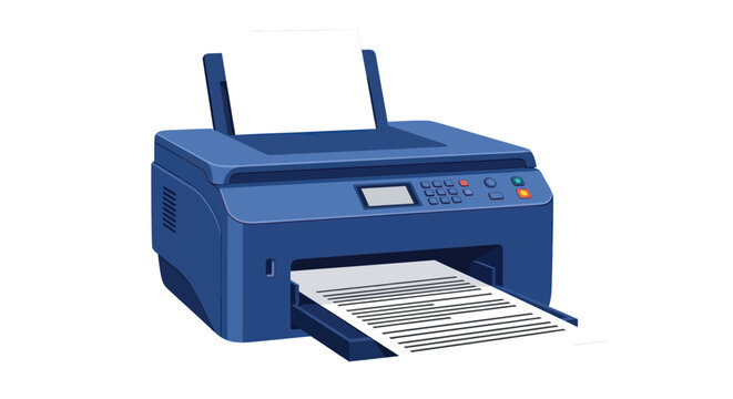 Modern blue office printer printing document on white background