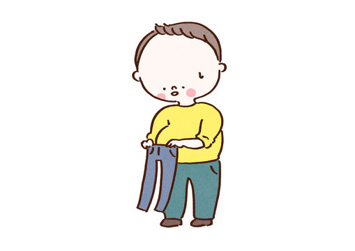 Chubby man holding thin pants against his waist and feeling depressed because they no longer fit, weight gain concept