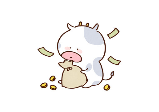 Cow holding a lot of bills and coins, cash cow concept