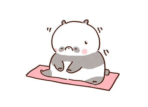 Panda trying to bend forward on a yoga mat but struggling due to a stiff body, lack of exercise concept