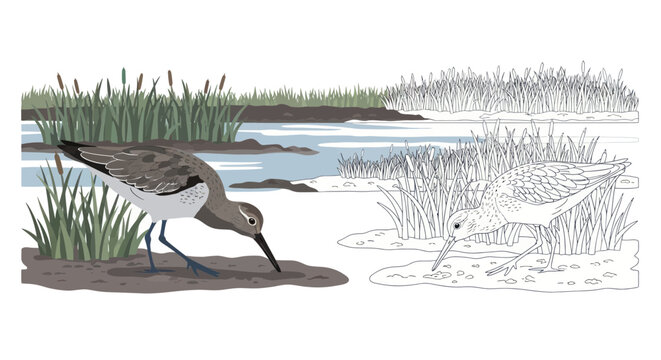 Wading Bird Foraging in Marshland Habitat, One Detailed, One Outline