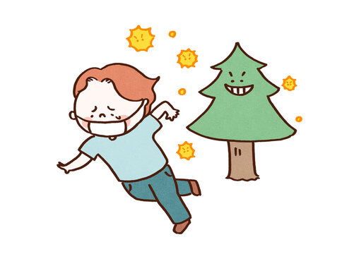 Man wearing a mask running away at full speed from pollen released by a smirking cedar tree, hay fever concept