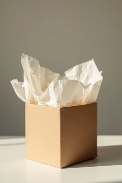 Caja con papel de seda arrugado que cubre parcialmente su contenido