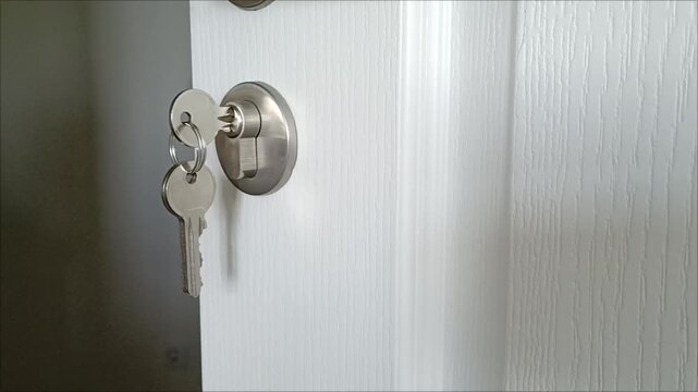 Keys in the lock of a white wooden door. Real estate rental, property purchase and home security concept. Key in keyhole.