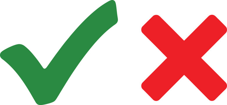 Green check mark and red cross sign icon set for survey results and correct or wrong choice Vector