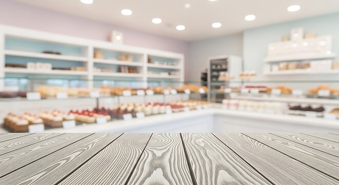 Empty wooden table top with blurred interior of a cozy bakery or pastry shop background