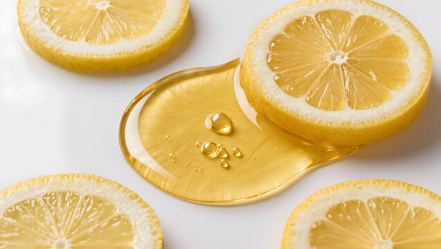 Luxury vitamin C antioxidant serum texture with fresh lemon skincare concept