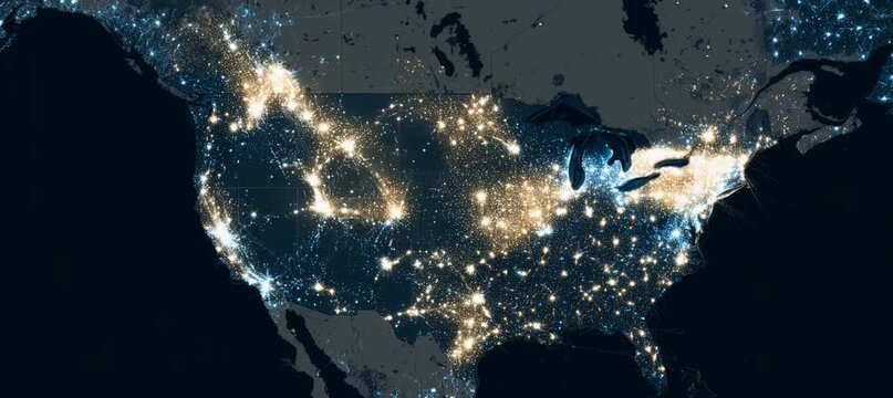 USA America map at night with glowing light. Generative video AI technology.