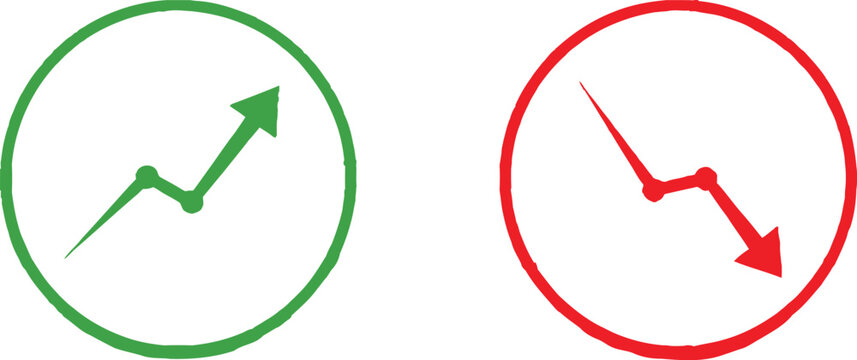 Green rising arrow and red falling arrow inside circles showing financial growth and decline Vector