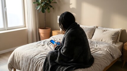 Fototapeta premium Thoughtful and weary girl in blanket sitting on messy bed with smartphone struggling with mental health relapse