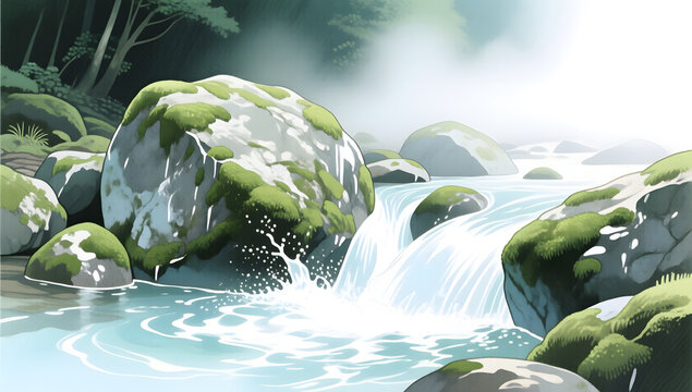 Summer retreat mountain stream and rock scenery illustration