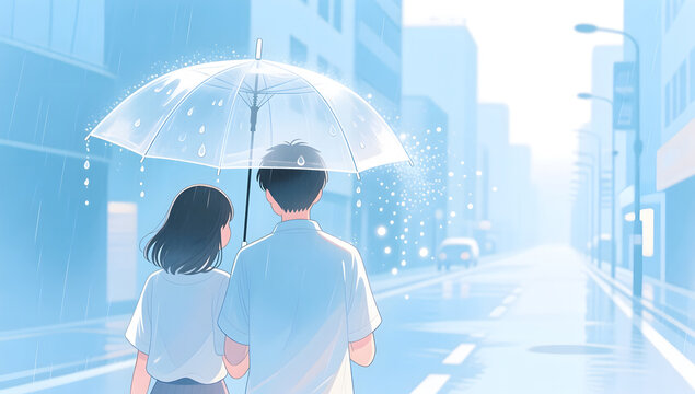 Romantic Couple Strolling with Umbrella in Rain for 520