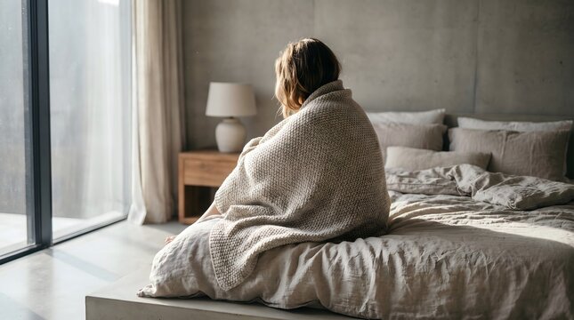 Solitary female sitting on bed wrapped in blanket scrolling media on phone feeling weary lonely and thoughtful