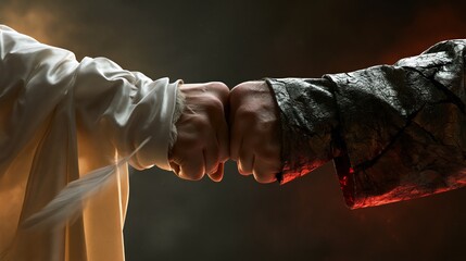 Fototapeta premium A white heavenly arm and a dark arm pushing flat fists against each other in an angel versus demon spiritual conflict concept.
