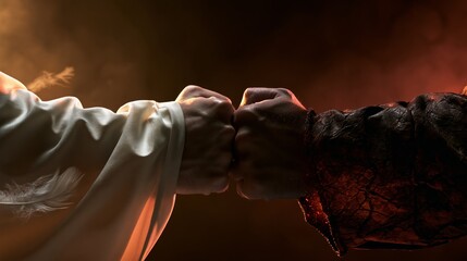 Fototapeta premium A white heavenly arm and a dark arm pushing flat fists against each other in an angel versus demon spiritual conflict concept.