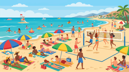 Obraz premium Vibrant summer beach scene with diverse people enjoying swimming, sunbathing, and volleyball