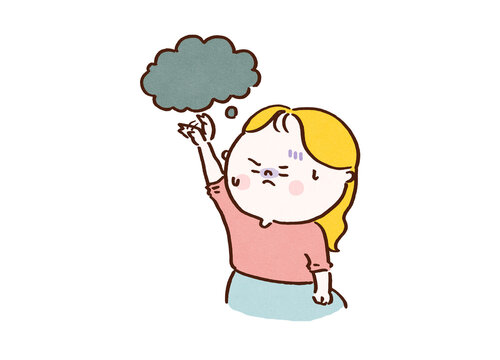 Woman waving her hand to chase away negative thoughts popping into her head, positive thinking concept