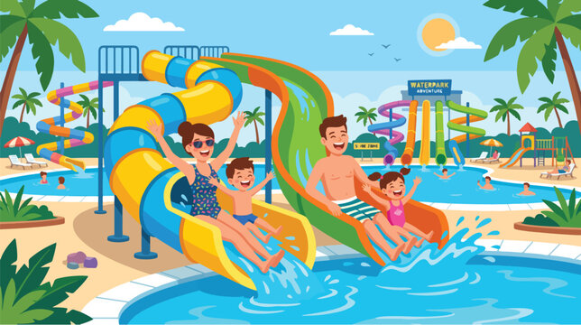 Happy family enjoying a fun day at a colorful waterpark with slides and pools
