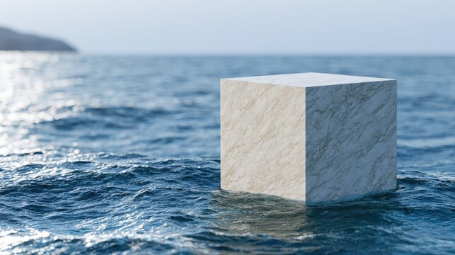 A textured cube floats serenely on the rippling ocean surface, distant landmass visible
