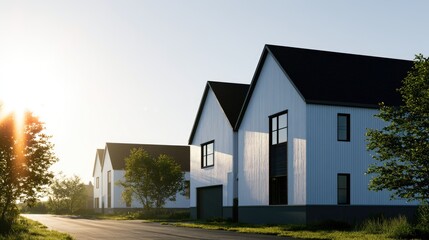 Obraz premium Modern white houses with black roofs line a quiet street at sunrise