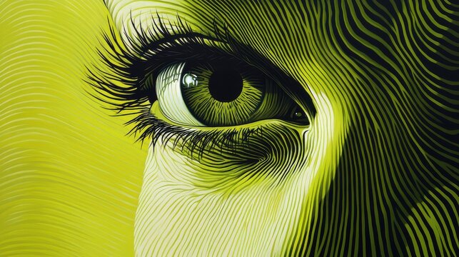 Close-up of a woman's green eye with dramatic lighting and abstract wavy pattern overlay