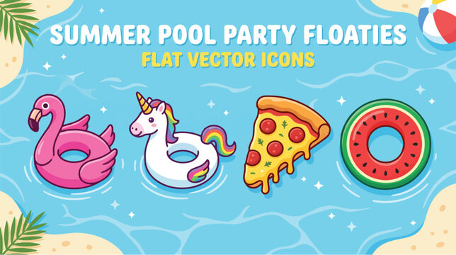 Vibrant Inflatable Pool Floats: Flamingo, Unicorn, Pizza, Watermelon Ring Icons