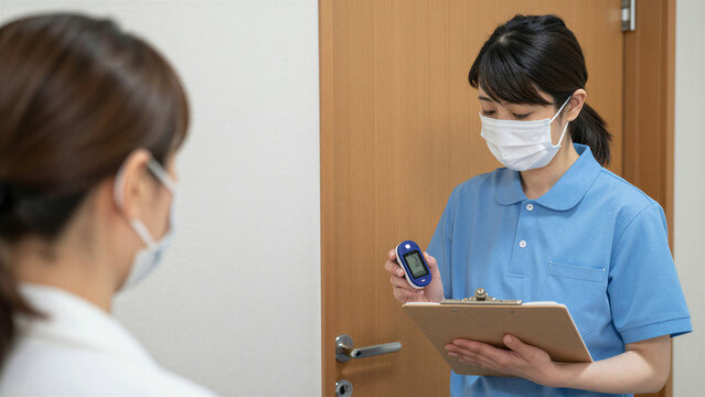  Japanese Female Caregiver Responding to Oxygen Monitoring Alert at Night, Copy space on the left