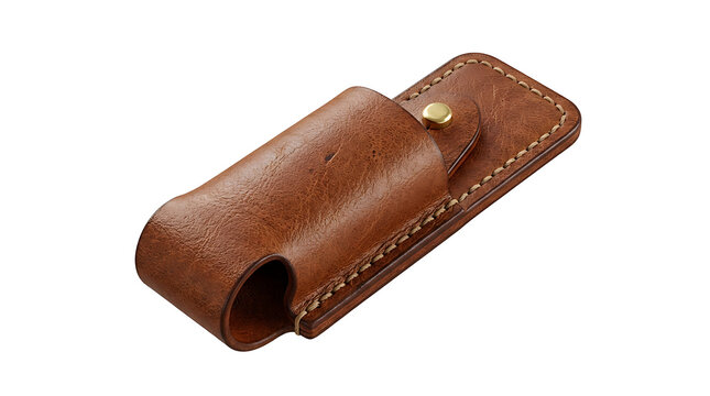 Brown leather cigar case with gold button closure for smoking accessories transparent background