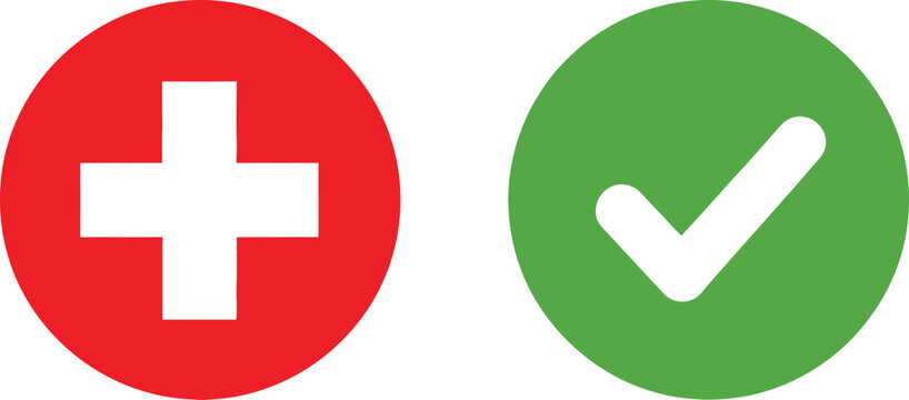 Red cross and green check mark icons representing right and wrong or true and false choice symbols Vector