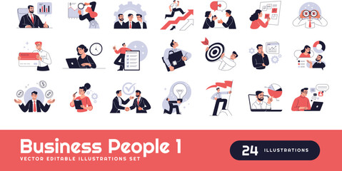 Fototapeta premium Business people collection in flat vector style. Teamwork, leadership, analytics, communication, strategy, and office workflow concepts. Isolated business characters on a transparent background.