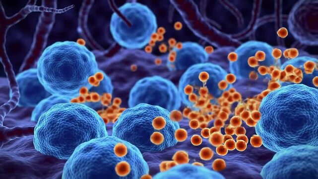 Mast Cell Activation Visualization in the Immune System with Rounded Blue Immune Cells and Orange Secretory Granules in 4K