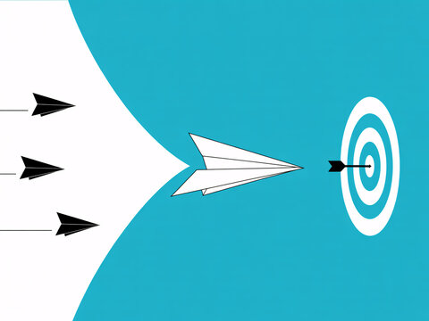 Business strategy concept with paper airplanes converging to hit target and achieve goals, flat vector illustration