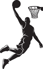 Basketball player dunking the ball, silhouette in motion with a slam dunk against the net in dynamic action and court and hoop © MC Creative