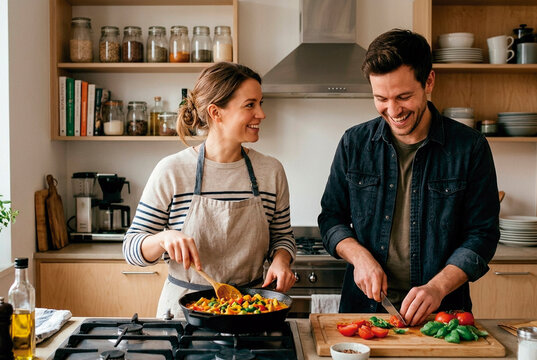 Pareja joven cocinando junta de manera espont&aacute;nea en una cocina moderna y luminosa, preparando una comida saludable con vegetales frescos.