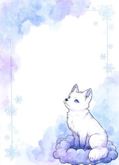 Naklejka premium Watercolor illustration of a white fox pup sitting on a purple cloud. Vertical winter animal art with snowflakes and blue eyes. Copy space for text on white background