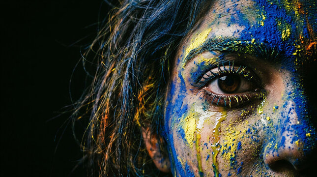 A dramatic close-up of a woman's eyes, her face covered in layers of blue and yellow Holi powder, with some colors dripping like tears below her lower lashes.