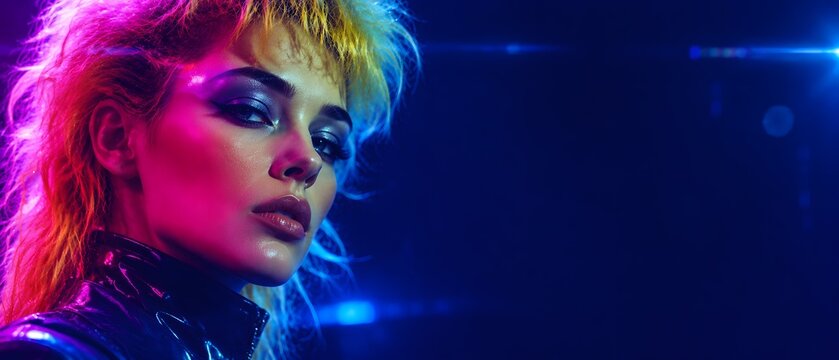 1980s synthwave style portrait of a cyber punk rock woman with neon hair and dramatic blue lens flares