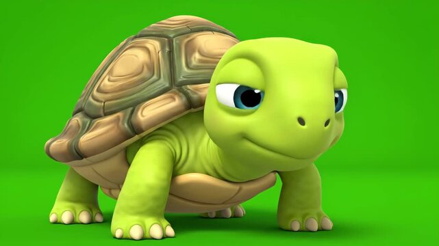 Cute cartoon turtle with a big smile on a vibrant green background, digital illustration.