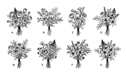 Minimal Botanical Line Art Floral Bouquets Collection with Wild Garden Flowers Vector Illustration Set © Nirendranath